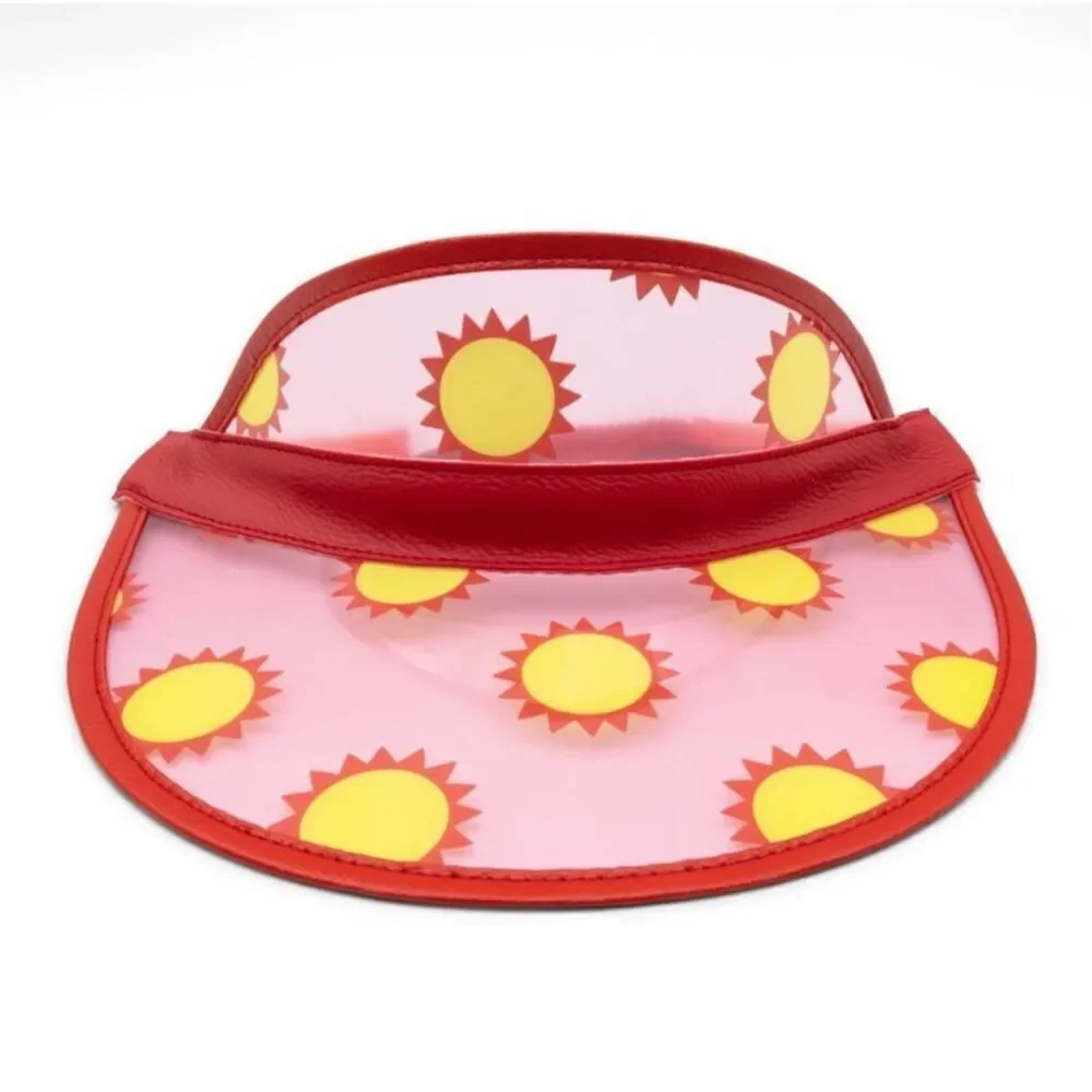 Kids Clear Sun Visor Hat Ages 5–12 – Red Yellow PVC Faux Leather with Sun Print